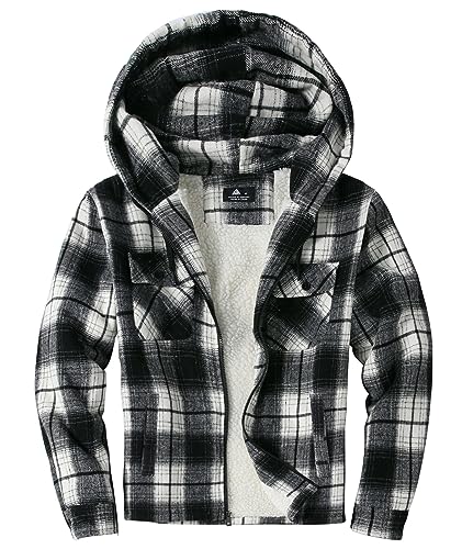 igeekwell Winterjacke Herren Karierte Fleecejacke mit Kapuze Hemdjacke für Männer FleeceFutter Karierte Jacke Flanellhemd mit Reißverschluss Holzfällerjacke Thermojacke für Outdoor Schwarz von igeekwell