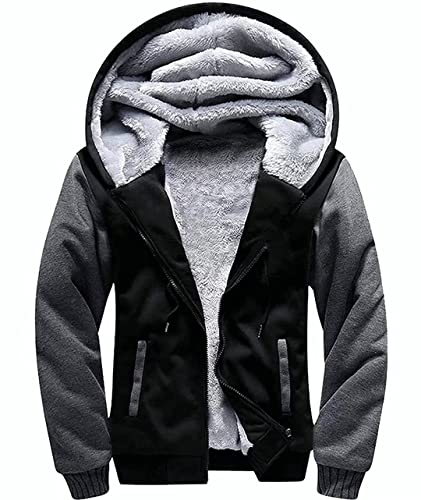 igeekwell Herren Fleece Full Zip Up Hoodie, Atmungsaktive Kapuzenpullover Kapuzenjacke Sweatjacke für Männer, Komfortable Sweatshirt mit Bequemes und Warmes Farbblock Schwarz Grau von igeekwell