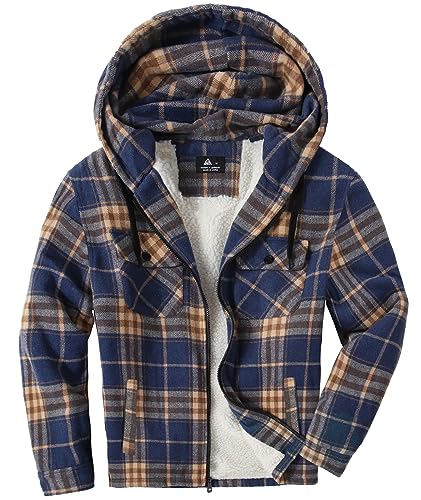 igeekwell Fleecejacke Herren Winterjacke mit Kapuze Hemdjacke für Männer Karierte Jacke Flanellhemd mit FleeceFutter & Reißverschluss Holzfällerjacke Thermojacke für Outdoor Blau Orange von igeekwell