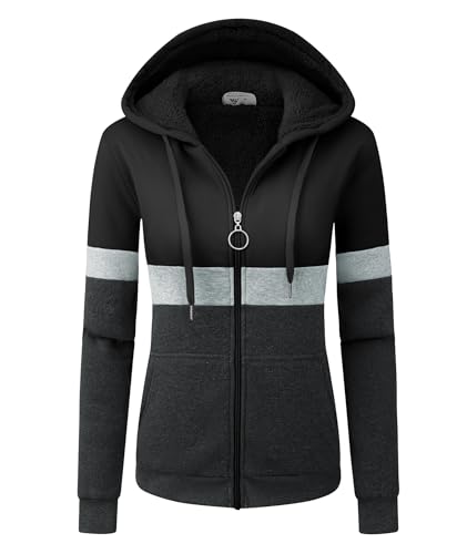 igeekwell Kapuzenjacke Damen Gefüttert Langarm Fleecejacke mit Kapuze Outdoor Sweatjackemit Teddyfutter Damen Kapuzenpullover mit Reißverschluss Warm Plüschjacke Hooded Sweater(Schwarz-2XL) von igeekwell