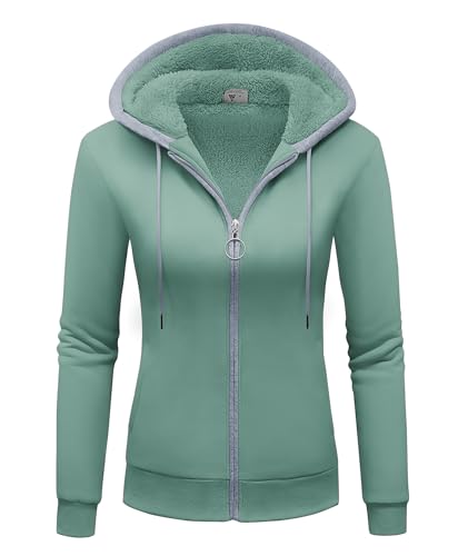 igeekwell Kapuzenjacke Gefüttert Damen Jacke Fleecejacke mit Kapuze Outdoor Sweatjacke mit Teddyfutter Damen Kapuzenpullover mit Reißverschluss Warm Strickjacke für Damen(Bohnengrün-2XL) von igeekwell