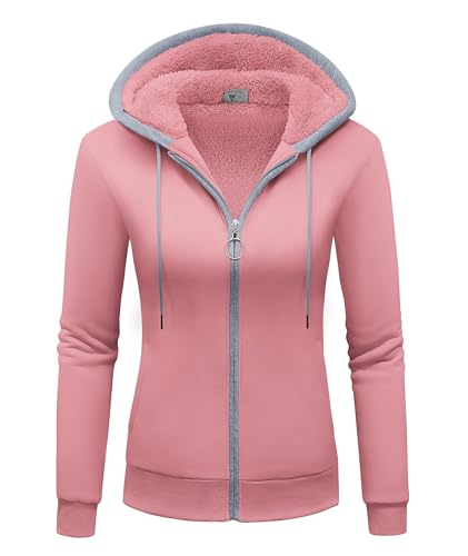 igeekwell Sweatjacke mit Teddyfutter Damen Hoodie Kapuzenjacke mit Zipper Damen Fleece Kapuzenpullover mit Fleecefutter Warm Sweatjacke Gefüttert mit Kapuze Pullover(Rosa-M) von igeekwell