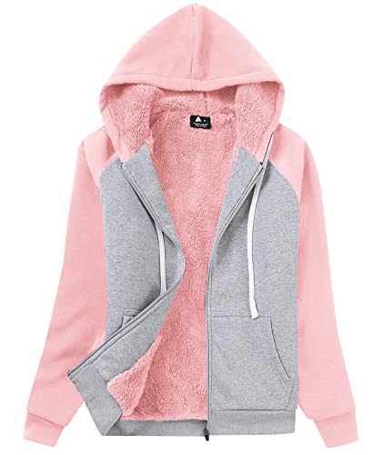 igeekwell Sweatjacke mit Teddyfutter Damen Kapuzenpullover mit Fleece Warm Jacke Damen Sweat Outdoor Hoodie Gefüttert Damen Winterjacke Kapuzenjacke Damen Gefüttert(Dunkelros Hellgrau-2XL) von igeekwell