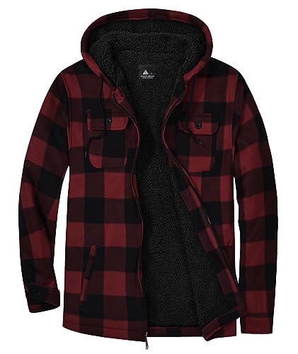 igeekwell Winterjacke Herren Fleecejacke für Männer Hemdjacke mit Kapuze & FleeceFutter Karierte Jacke Flanellhemd mit Reißverschluss Holzfällerjacke Thermojacke für Outdoor Rot von igeekwell