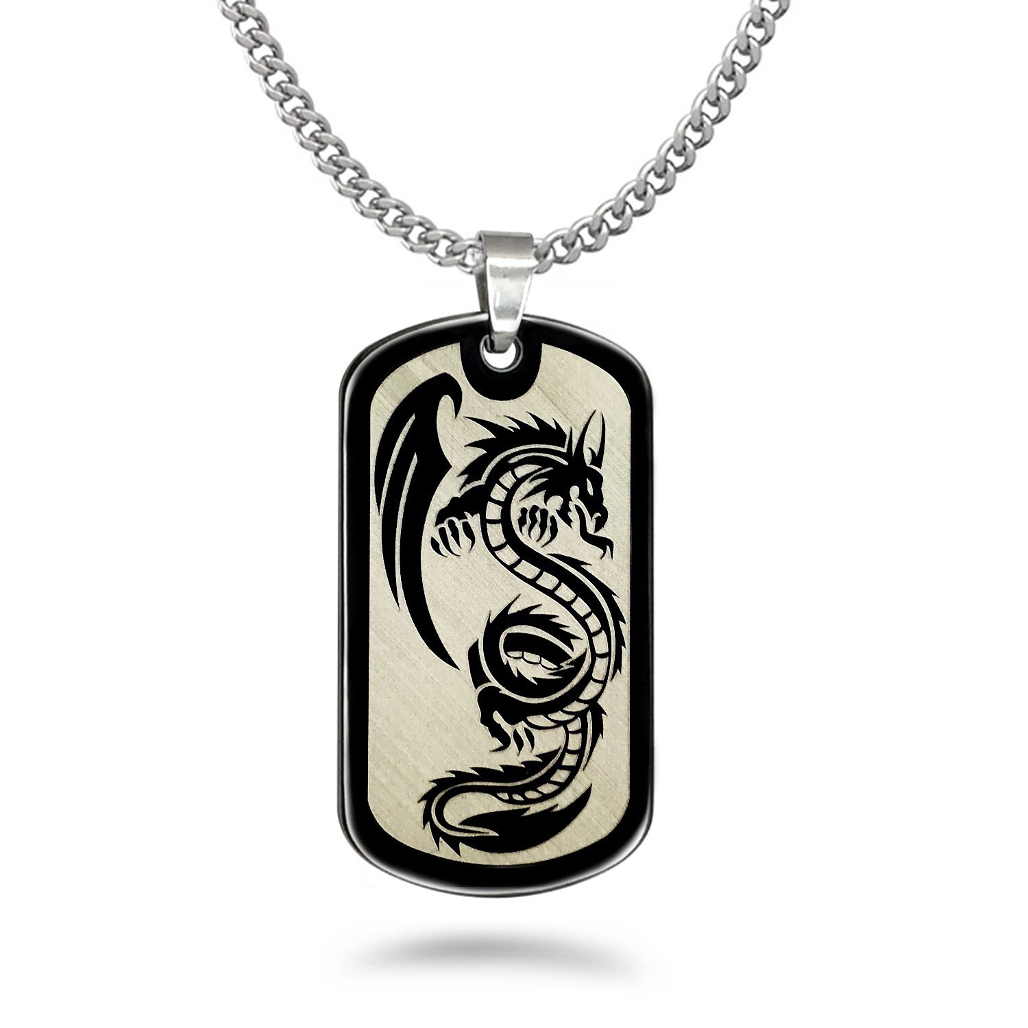 Drachen Dog Tag Halskette, Schwarze Edelstahl Mit Laser Graviertem Design, Herren Vatertagsgeschenk von iheartwholesale