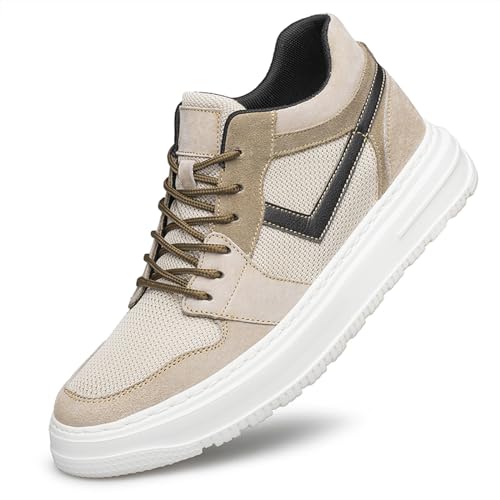 Herren Elevator Schuhe Unsichtbare Höhenerhöhung Schuhe Versteckter Keilabsatz Leder Freizeitschuhe 2,4 Zoll Größere Schuhe mit Höhenerhöhung Einlegesohlen, Khaki-Netzstoff, 42 2/3 EU von ihinzry
