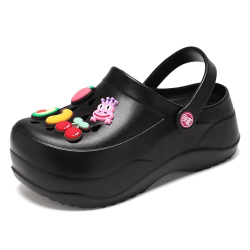 Plattform Clogs für Frauen, Gärtner Schuhe Hausschuhe für Frauen 2,5 Zoll Hight Heels Pantoletten Gardening Clog Bequem Atmungsaktiv Leichtgewicht Slip on Keil Sandalen Rutschen Schuhe Schwarz 37 von ihinzry