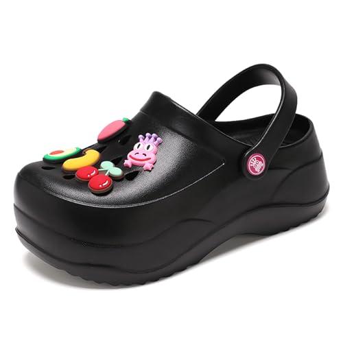 Plattform Clogs für Frauen, Gärtner Schuhe Hausschuhe für Frauen 2,5 Zoll Hight Heels Pantoletten Gardening Clog Bequem Atmungsaktiv Leichtgewicht Slip on Keil Sandalen Rutschen Schuhe Schwarz 38 von ihinzry