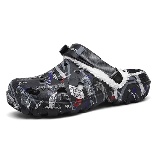ihinzry Garten Clogs für Herren mit Fleece-Futter - rutschfeste Winter Hausschuhe, wasserdichte Arbeitspantoffeln mit verstellbarem Riemen, bequem Werkstatt Schuhe, maschinenwaschbar Schwarz-40 von ihinzry