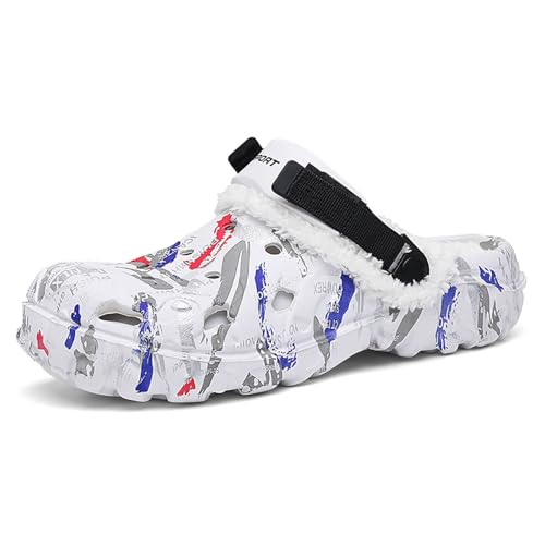 ihinzry Garten Clogs für Herren mit Fleece-Futter - rutschfeste Winter Hausschuhe, wasserdichte Arbeitspantoffeln mit verstellbarem Riemen, bequem Werkstatt Schuhe, maschinenwaschbar Weiß-44 von ihinzry