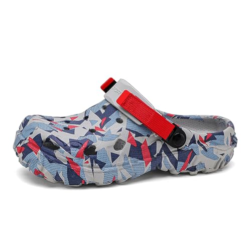 ihinzry Herren Garten-Clogs Grafik Pantoletten Clog Slip On Strand Sandalen für Männer Outdoor Hausschuhe mit verstellbarem Riemen, Grau und Rot, 46 EU von ihinzry