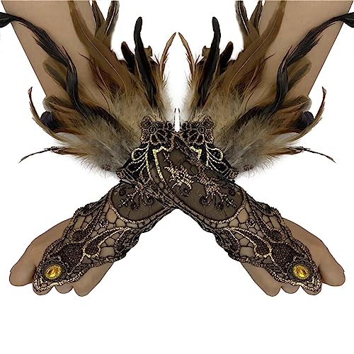 ihreesy 1 Paar Damen Feder Spitze Lange Handschuhe, Vintage Feder Manschette Fingerlose Handschuhe Manschetten Spitzenhandschuhe Armkette für Halloween-Rollenspielparty,Braun von ihreesy