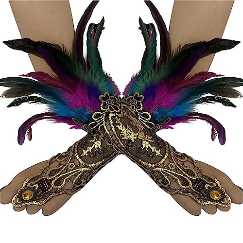 ihreesy 1 Paar Damen Feder Spitze Lange Handschuhe, Vintage Feder Manschette Fingerlose Handschuhe Manschetten Spitzenhandschuhe Armkette für Halloween-Rollenspielparty,Bunt von ihreesy