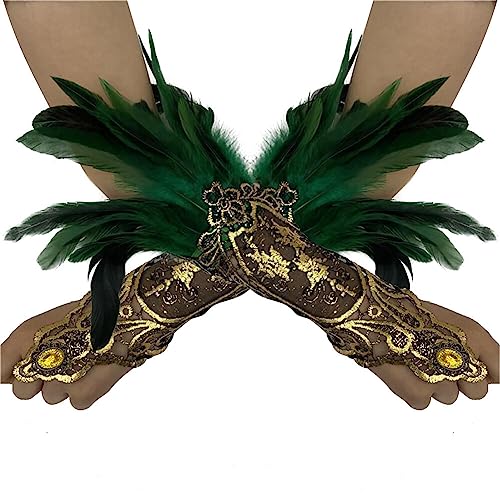 ihreesy 1 Paar Damen Feder Spitze Lange Handschuhe, Vintage Feder Manschette Fingerlose Handschuhe Manschetten Spitzenhandschuhe Armkette für Halloween-Rollenspielparty,Grün #A von ihreesy