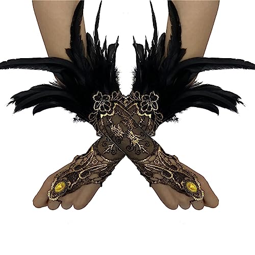 ihreesy 1 Paar Damen Feder Spitze Lange Handschuhe, Vintage Feder Manschette Fingerlose Handschuhe Manschetten Spitzenhandschuhe Armkette für Halloween-Rollenspielparty,Schwarz von ihreesy