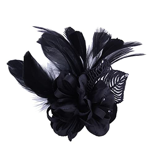 ihreesy Damen Feder Brosche Trachtenbrosche, Retro Blume Feder Brosche Fasanenfeder Ansteckbrosche Elegant Damen Blume Stoff Trachten-Brosche Hutfeder Haarspange für Frauen Mädchen,Schwarz von ihreesy