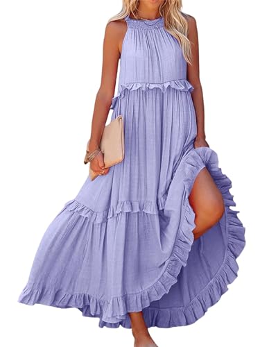 ihreesy Damen Kleid 2024 Sommer Lotuskanten Saum Strandkleid Eleganter Maxi-Strandrock in einfarbigen Farben von ihreesy