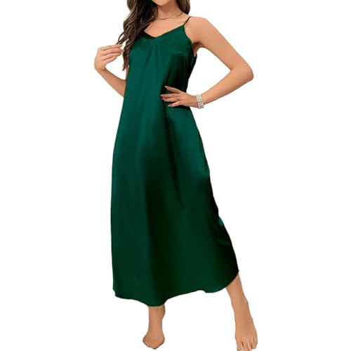 ihreesy Damen Lange Satin Negligee Nachthemden,Satin V-Ausschnitt Nachtwäsche Spaghettiträger Schlafkleid Sommer Negligee Unterkleid Nachtkleid für Frauen,Grün M von ihreesy