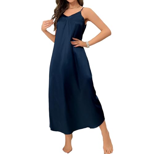 ihreesy Damen Lange Satin Negligee Nachthemden,Satin V-Ausschnitt Nachtwäsche Spaghettiträger Schlafkleid Sommer Negligee Unterkleid Nachtkleid für Frauen,Marineblau M von ihreesy