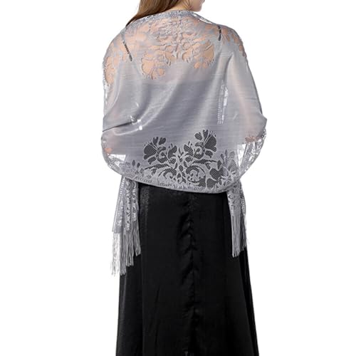 ihreesy Damen Spitzen Stola Schal Hochzeit Schal, Hochzeits-Spitzenschal Umschlagtuch Umhang Schal Spitzenschal mit Fransen Schal Brautschal Partys Zeremonien Stolen für Damen Abendkleid,Grau von ihreesy