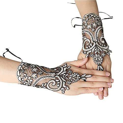 ihreesy Hochzeit Braut Handschuhe, Spitzenhandschuhe Mesh-Brauthandschuhe Fingerlose Handschuhe Halbhandschuhe Spitze Halbfinger Handschuhe Hochzeitshandschuhe Kostüm Accessoires,Schwarz Gold von ihreesy