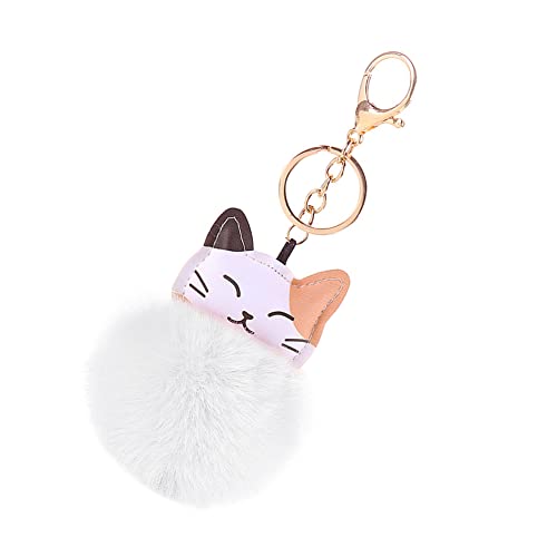 ihreesy Katze Schlüsselanhänger, Schön Pom-pom Schlüsselbund Anhänger PU Leder Katze Tier Bommel Taschenanhänger Charms Dekoration Schlüsselring Dekor Taschen-Zubehör für Frauen Mädchen,Weiß von ihreesy