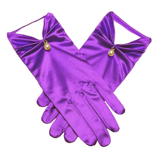 ihreesy Kurze Satinhandschuhe, 22cm Hochzeitshandschuhe Opernhandschuhe 1920er Jahre Perlenhandschuhe Blumenhandgelenk Spitzenhandschuhe Damen Handgelenk für Frauen und Mädchen,Lila von ihreesy
