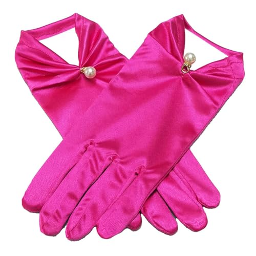ihreesy Kurze Satinhandschuhe, 22cm Hochzeitshandschuhe Opernhandschuhe 1920er Jahre Perlenhandschuhe Blumenhandgelenk Spitzenhandschuhe Damen Handgelenk für Frauen und Mädchen,Rosenrot von ihreesy