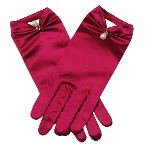 ihreesy Kurze Satinhandschuhe, 22cm Hochzeitshandschuhe Opernhandschuhe 1920er Jahre Perlenhandschuhe Blumenhandgelenk Spitzenhandschuhe Damen Handgelenk für Frauen und Mädchen,Weinrot von ihreesy