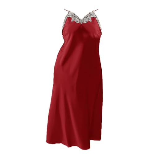 ihreesy Langes Nachthemd für Damen, Übergröße Nachthemd Brautnachtkleid Nachthemd V-Ausschnitt ärmellos Spaghettiträger Geschenkidee Schlafhemd Nachtwäsche Negligees für Frauen,Rot 2XL von ihreesy