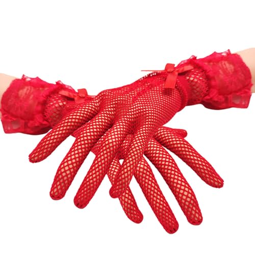 ihreesy Mesh-Spitzenhandschuhe, 26cm Elegante Fischnetz Brauthandschuhe Florale Handschuhe Atmungsaktiv Abendhandschuhe Sommerhandschuhe für Braut, Hochzeit, Party,Rot von ihreesy