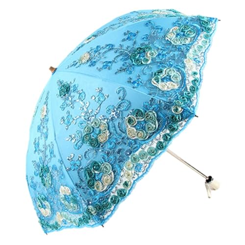 ihreesy Sonnenschirm für Damen, Taschenschirme UV-Schutz UPF 50+ Regenschirm 3D Blume Stickerei Winddicht Faltschirm Brautschirm Doppelstöckig Hochzeitsschirm Spitzenschirm mit 8 Rippen,Blau von ihreesy