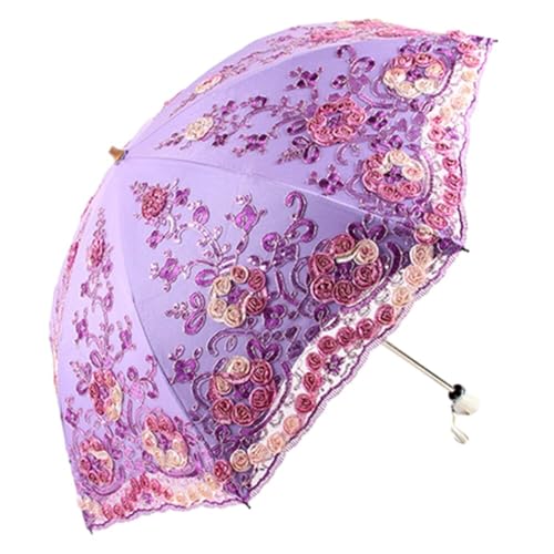ihreesy Sonnenschirm für Damen, Taschenschirme UV-Schutz UPF 50+ Regenschirm 3D Blume Stickerei Winddicht Faltschirm Brautschirm Doppelstöckig Hochzeitsschirm Spitzenschirm mit 8 Rippen,Lila von ihreesy