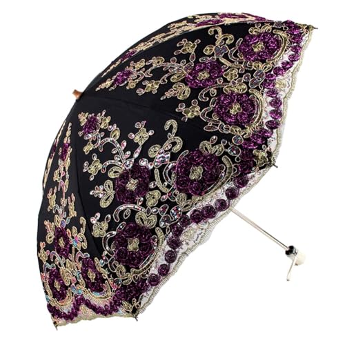 ihreesy Sonnenschirm für Damen, Taschenschirme UV-Schutz UPF 50+ Regenschirm 3D Blume Stickerei Winddicht Faltschirm Brautschirm Doppelstöckig Hochzeitsschirm Spitzenschirm mit 8 Rippen,Schwarz von ihreesy