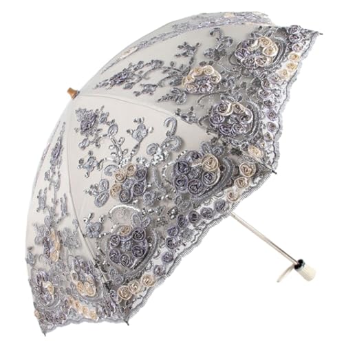 ihreesy Sonnenschirm für Damen, Taschenschirme UV-Schutz UPF 50+ Regenschirm 3D Blume Stickerei Winddicht Faltschirm Brautschirm Doppelstöckig Hochzeitsschirm Spitzenschirm mit 8 Rippen,grau von ihreesy