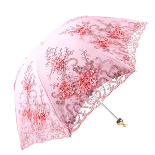 ihreesy Spitzen-Regenschirm Sonnenschirm, Taschenschirme Anti-UV Schutz Stickerei Vintage-Spitzenschirm Brautschirm Leicht und Tragbar Doppelstöckig Faltschirm mit 8 Rippen für Damen,Rosa von ihreesy