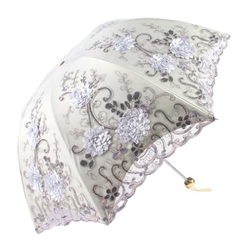 ihreesy Spitzen-Regenschirm Sonnenschirm, Taschenschirme Anti-UV Schutz Stickerei Vintage-Spitzenschirm Brautschirm Leicht und Tragbar Doppelstöckig Faltschirm mit 8 Rippen für Damen,grau von ihreesy