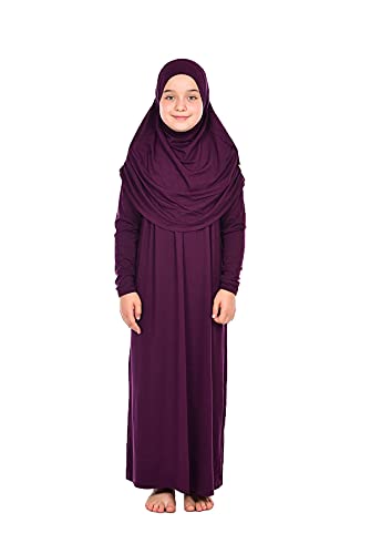 ihvan online Einteiliges muslimisches Kleid für Mädchen Langarm islamisches Gebetskleid mit Kopfschal für muslimische Mädchen Jilbab Hijab Muslim Girls Mode Abayas Größe: 8-12 Jahre alte Farbe: lila von ihvan online