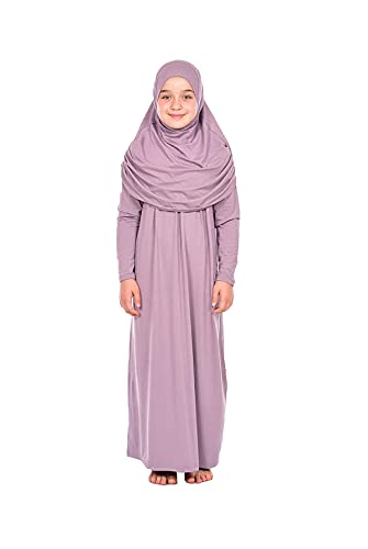 ihvan online Einteiliges muslimisches Kleid für Mädchen Langarm Islamisches Gebetskleid mit Kopfschal für muslimische Mädchen Jilbab Hijab Muslim Girls Mode Abayas Größe: 8-12 Jahre alte Farbe: Lila von ihvan online