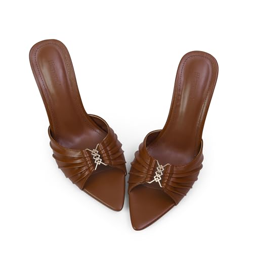 iiimmu 8,9 cm Stiletto-Pantoletten, High Heels mit spitzem Peep-Toe, Sandalen, Kunstleder, PU-Leder, Braun, 38 EU von iiimmu