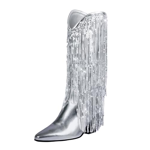 iiimmu Cowboystiefel mit Fransen für Damen, metallisch, Cowgirl, glitzernde Pailletten, Mitte der Wade, klobiger Absatz, spitze Zehenpartie, zum Überziehen, silber, 37.5 EU von iiimmu