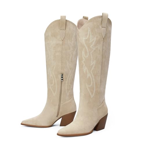 iiimmu Cowgirl-Stiefel für Damen, kniehohe Stiefel, spitzer Zehenbereich und Blockabsatz, Cowboystiefel aus Wildleder und Kunstleder mit Stickerei, Beige-weite Wade, 38.5 EU Weit von iiimmu