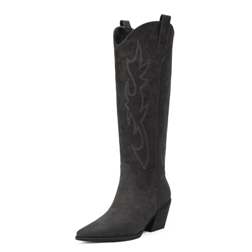 iiimmu Cowgirl-Stiefel für Damen, kniehohe Stiefel, spitzer Zehenbereich und Blockabsatz, Cowboystiefel aus Wildleder und Kunstleder mit Stickerei, Dunkel_Grau, 38 EU iiimmu Cowgirl-Stiefel für Damen, kniehohe Stiefel, spitzer Zehenbereich und Blockabsatz, Cowboystiefel aus Wildleder und Kunstleder mit Stickerei, Dunkel_Grau, 38 EU von iiimmu