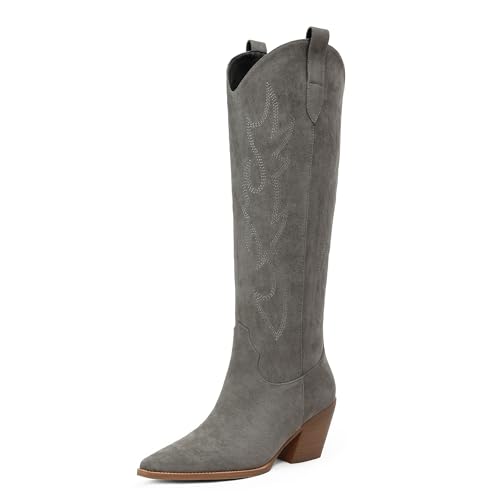 iiimmu Cowgirl-Stiefel für Damen, kniehohe Stiefel, spitzer Zehenbereich und Blockabsatz, Cowboystiefel aus Wildleder und Kunstleder mit Stickerei, Hellgrau, 36 EU iiimmu Cowgirl-Stiefel für Damen, kniehohe Stiefel, spitzer Zehenbereich und Blockabsatz, Cowboystiefel aus Wildleder und Kunstleder mit Stickerei, Hellgrau, 36 EU von iiimmu