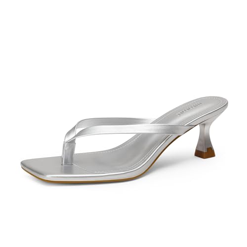 iiimmu Kitten Heels Flip Flops mit Absatz, Zehensandalen für Damen, quadratisch, offener Zehenbereich, 5,1 cm niedriger Absatz, silber, 39.5 EU von iiimmu