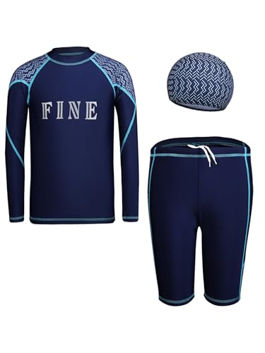 iiniim 3Pcs Jungen Badeanzug Bademode Schwimmbekleidung Uv-Schutz Bade-Set mit UV Shirt Badehose Badekappe Sommer Schwimmanzug Marine Blau 134-140 von iiniim