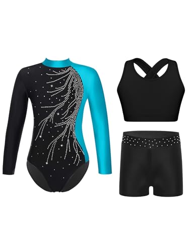 iiniim 3tlg.Mädchen Turnanzug Glitzer Gymnastikanzug Langarm Ballettanzug Gymnastik Leotard + Sport BH Tops + Shorts Turntrikot Wettbewerb Tanzkostüm Aa Blau See 170-176 von iiniim