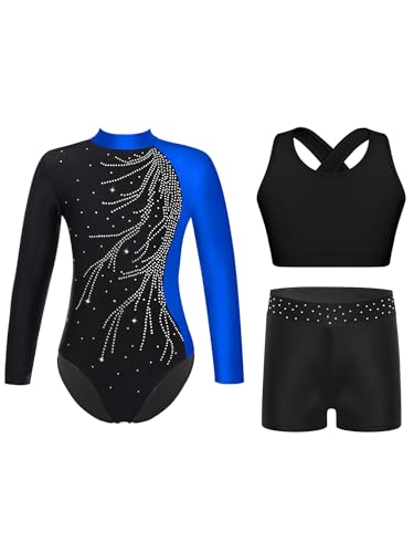 iiniim 3tlg.Mädchen Turnanzug Glitzer Gymnastikanzug Langarm Ballettanzug Gymnastik Leotard + Sport BH Tops + Shorts Turntrikot Wettbewerb Tanzkostüm Aa Königsblau 146-152 von iiniim