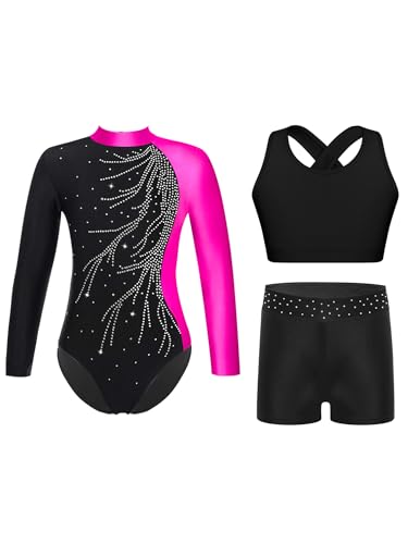 iiniim 3tlg.Mädchen Turnanzug Glitzer Gymnastikanzug Langarm Ballettanzug Gymnastik Leotard + Sport BH Tops + Shorts Turntrikot Wettbewerb Tanzkostüm Aa Rose 122-128 von iiniim