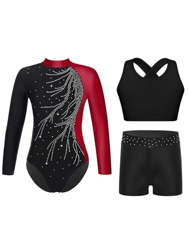 iiniim 3tlg.Mädchen Turnanzug Glitzer Gymnastikanzug Langarm Ballettanzug Gymnastik Leotard + Sport BH Tops + Shorts Turntrikot Wettbewerb Tanzkostüm Aa Weinrot 170-176 von iiniim